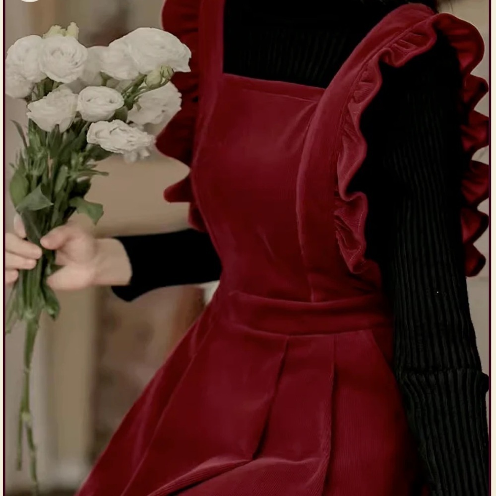 Frilly Velvet Apron‎ Pinafore Dress-Burgundy Red-XS/S - Picture 5 of 15